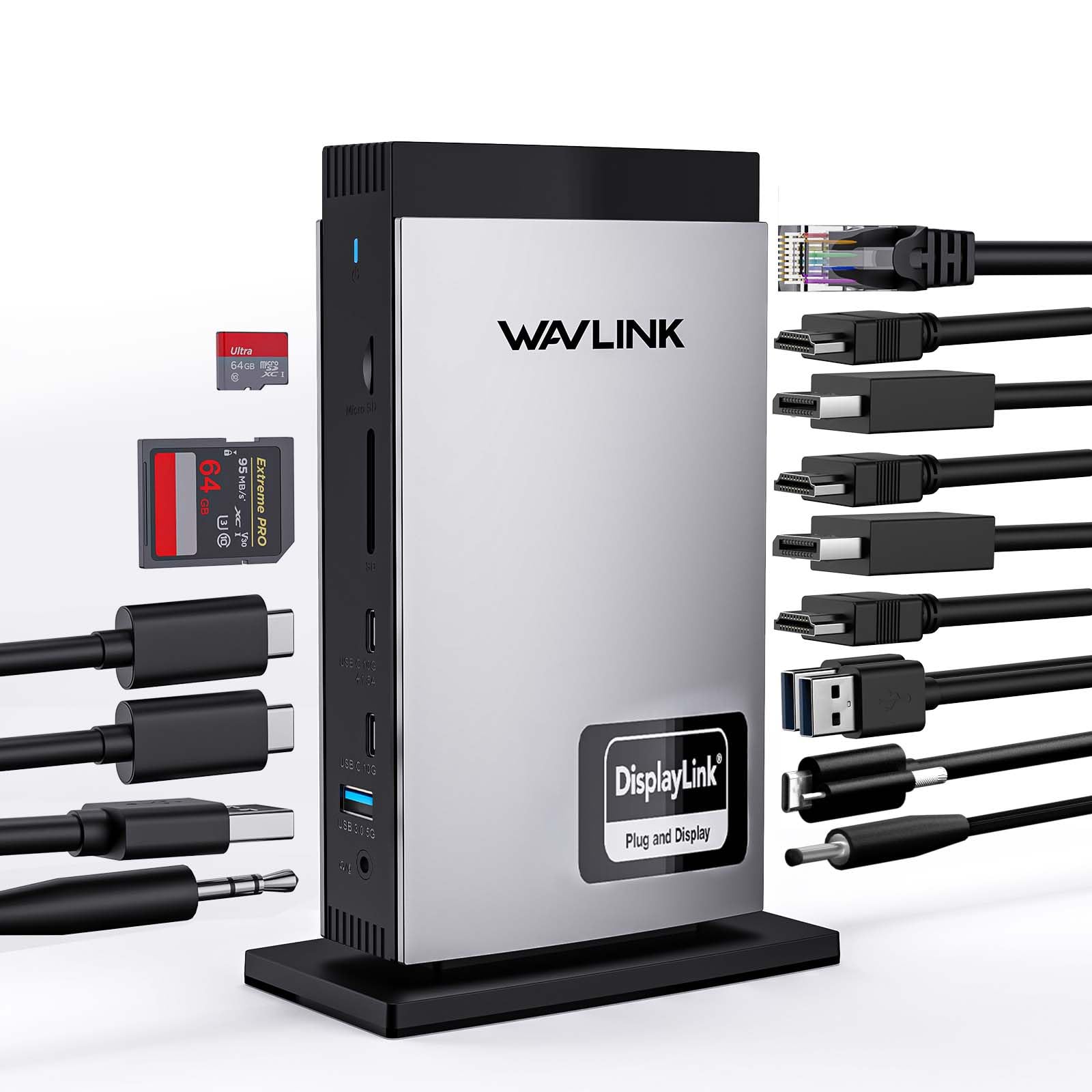 WAVLINK USB C Docking Station with 3 HDMI, Displaylink Laptop Dock Triple Monitor 4K60Hz, 100W Charging for M1 M2 M3 M4 Mac and Windows, 5 USB Ports, 2DP, 1Gbps Ethernet Port, Audio/Mic, SD/TF