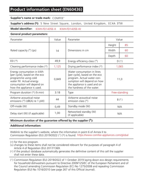 COMFEE' Freestanding Dishwasher FD1435E-X with 14 place settings, Full Size, Whisper Quiet 44dB, Wide LED Display, Delay Start, Half Load Function, Flexible Racks, Stainless Steel