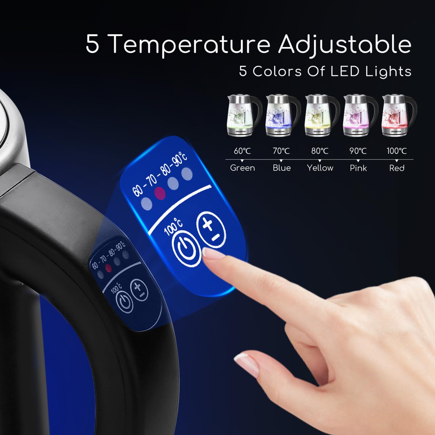 Aigostar Electric Glass Kettle with Variable Temperature, Keep-Warm, Detachable Tea Filter Infuser, Auto Shut-Off & Boil-Dry Protection, 2200W, 1.7L,