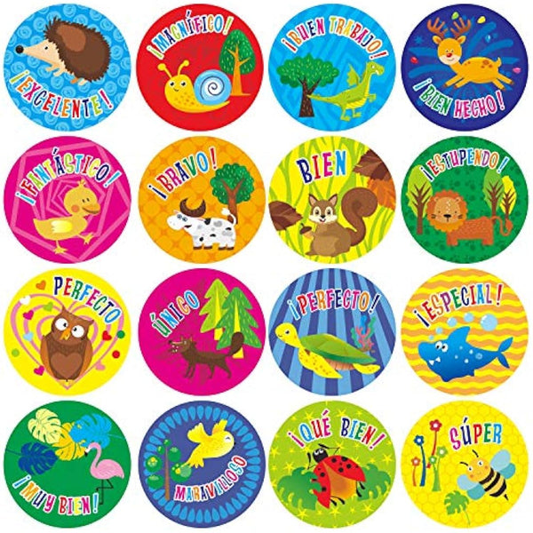 600 Teacher Reward Encouragement Motivational Spanish Espanol Sticker in 16 Animal Designs for Teachers, Classroom Use, (Each Measures 1.5" in Diameter)