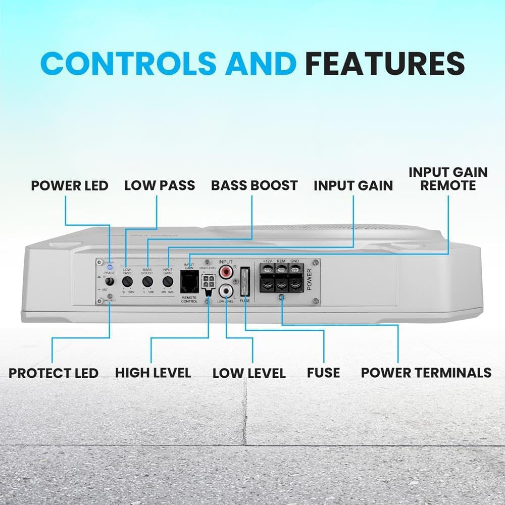 Pyle 8-Inch Low-Profile Amplified Subwoofer System - 600 Watt Compact Enclosed Active Marine Underseat Car Subwoofer with Built in Amp, Powered Car Subwoofer w/Low & High Level Inputs