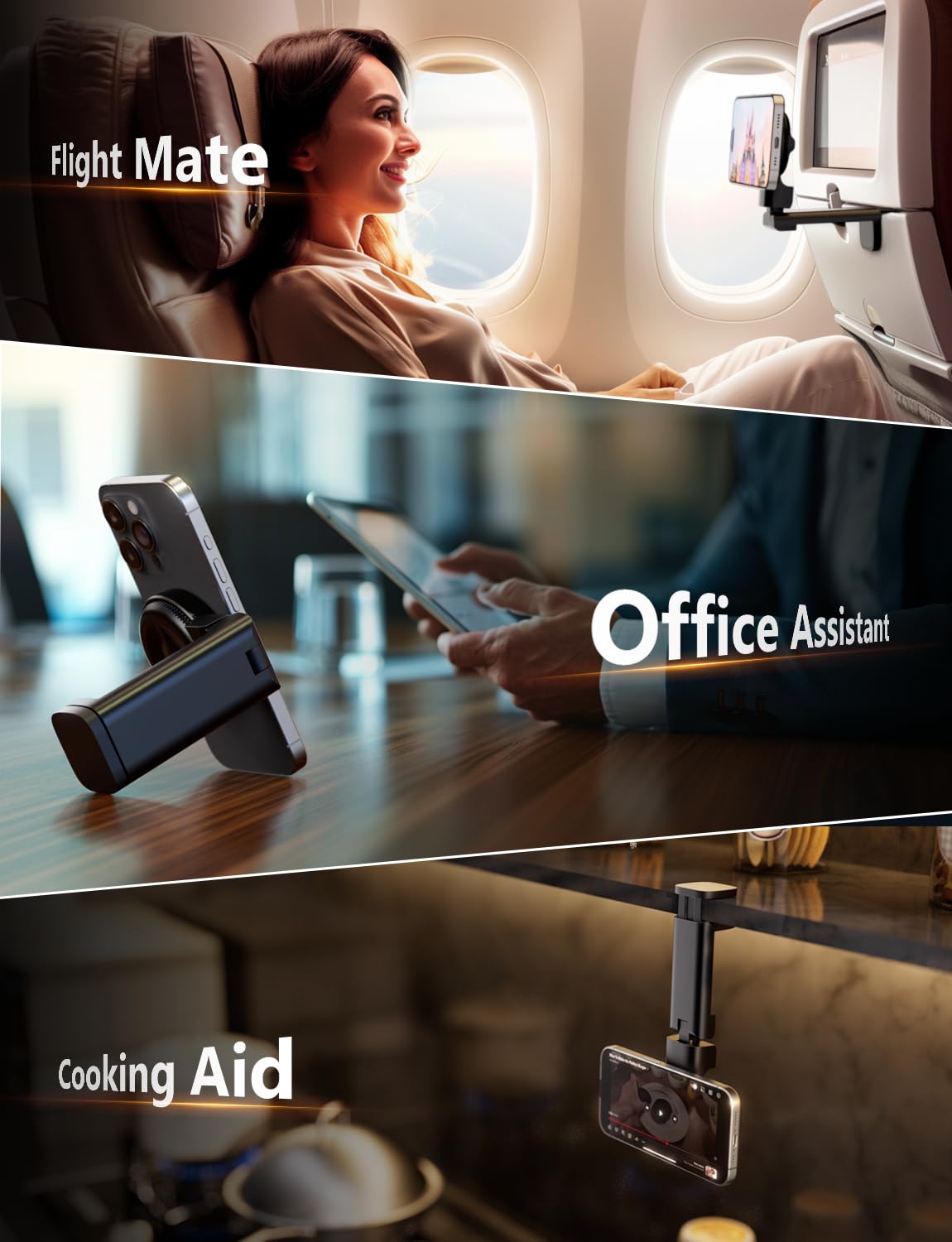 Airplane Phone Holder - Klearlook 4 in 1 Adjustable Phone Stand for Travel,360 Rotation Handsfree Viewing Flight Phone Holder,Foldable Travel Essential,Accessory for Flying/Traveling/Home/Office-Black