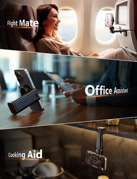 Airplane Phone Holder - Klearlook 4 in 1 Adjustable Phone Stand for Travel,360 Rotation Handsfree Viewing Flight Phone Holder,Foldable Travel Essential,Accessory for Flying/Traveling/Home/Office-Black