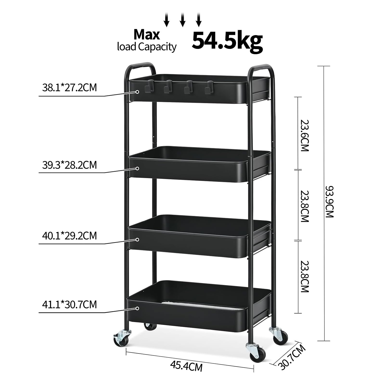 KINGRACK Rolling Storage Cart, 4 Tier Metal Utility Cart with Wheels & Hooks, Craft Art Esthetician Organizer, Easy Assembly Cart for Office Bathroom