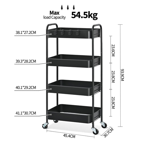 KINGRACK Rolling Storage Cart, 4 Tier Metal Utility Cart with Wheels & Hooks, Craft Art Esthetician Organizer, Easy Assembly Cart for Office Bathroom