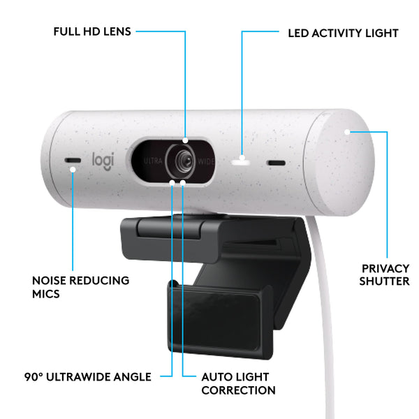 Logitech Brio 500 Full HD Webcam with Auto Light Correction, show Mode, Dual Noise Reduction Mics, Webcam Privacy Cover, Works with Microsoft Teams, Google Meet, Zoom, USB-C Cable, Streaming - White