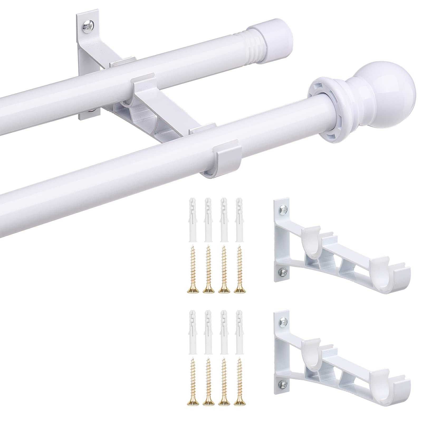 INFLATION Double Curtain Poles for Windows 76-233 cm, 2.5 cm Heavy Duty Double Window Poles - Adjustable Decorative White Curtain Rod for Sliding