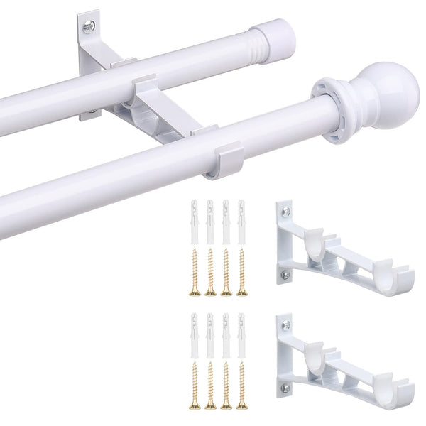 INFLATION Double Curtain Poles for Windows 76-233 cm, 2.5 cm Heavy Duty Double Window Poles - Adjustable Decorative White Curtain Rod for Sliding