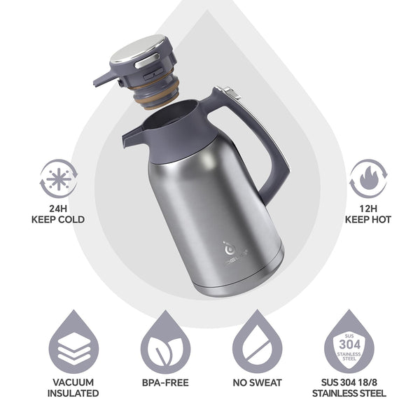 IDEUS Vacuum Insulated Coffee Carafe, 68 oz (2 Liters) Stainless Steel Milk Jug Thermal Tea Pot Hot & Cold Water Beverage Dispenser (Silver)