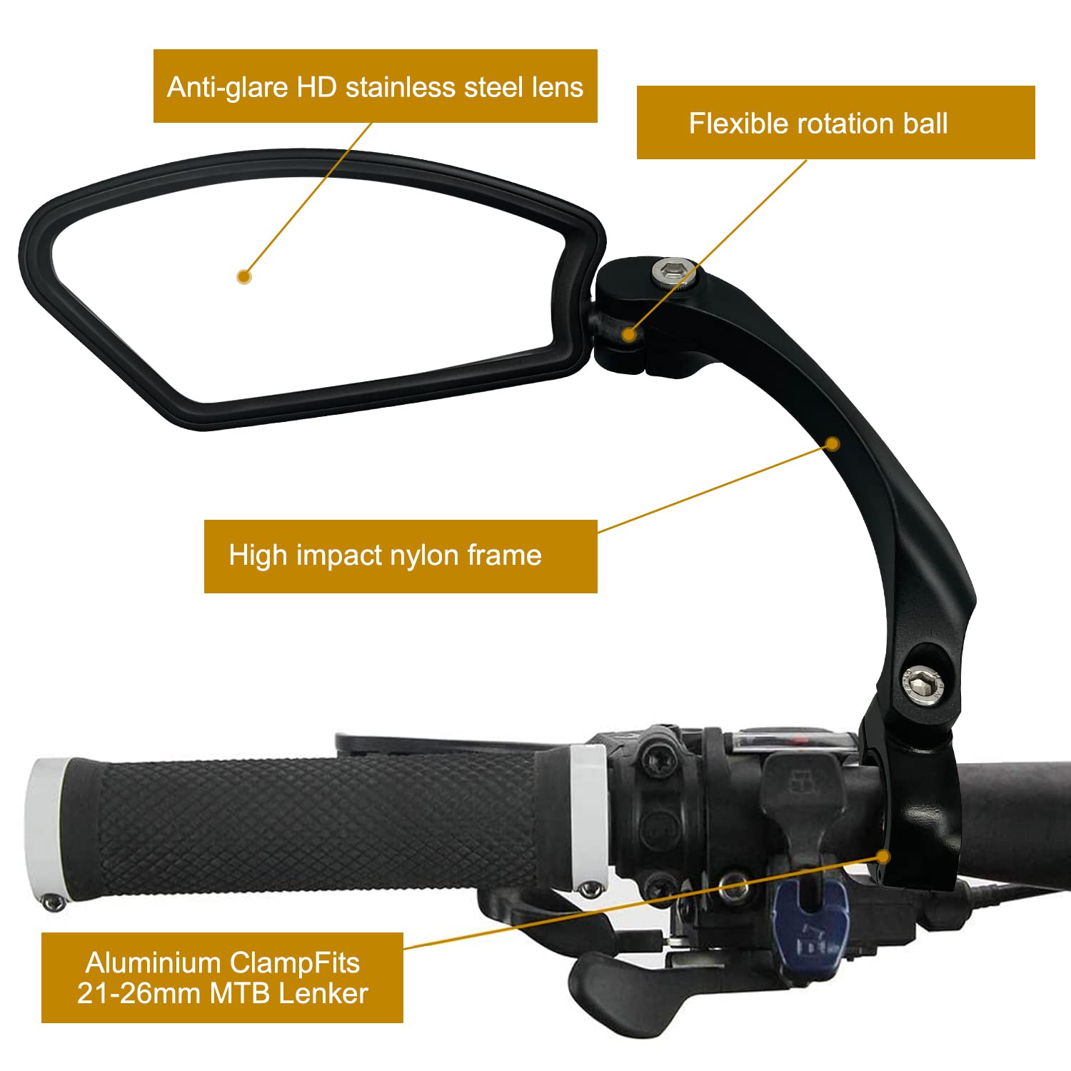 Arkham Bicycle Rearview Mirror, HD Stainless Steel Mirror Generation 2.0, Bicycle Mirror for Handlebar 21-26 mm, Rear View Mirror Bicycle Mirror for