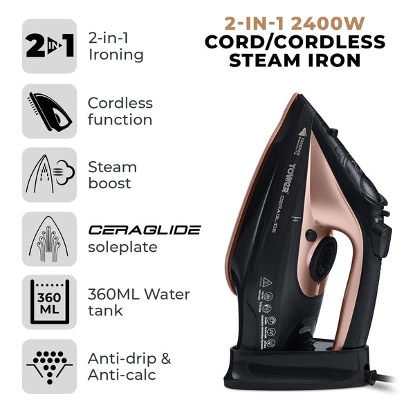 Tower T22008 CeraGlide Cordless Steam Iron with Ceramic Soleplate and Variable Steam Function, 2400 W, Purple