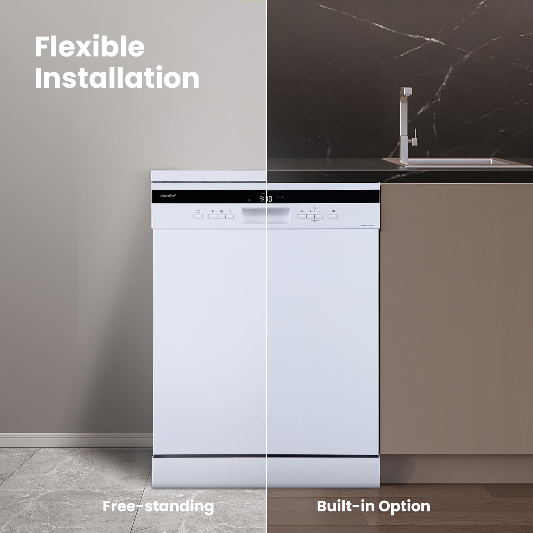 COMFEE' Freestanding Dishwasher CDWEF1034BW-UK 45cm Width, Slimline Dishwasher with 10 place settings, Quick Wash, Hygiene Wash, Delay Start, Half Load, Adjustable Basket - White