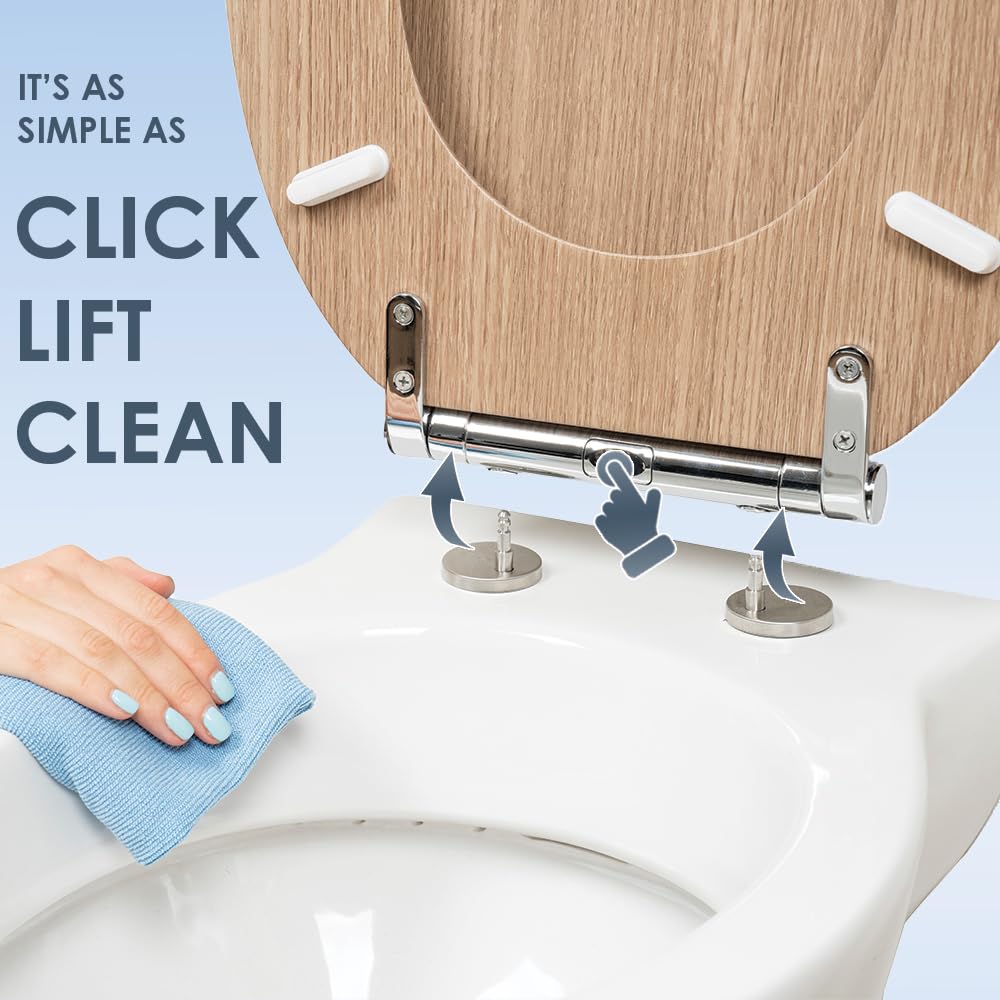 AQUALONA® Luxury Soft Close Toilet Seat - Moulded Wood - Stainless Steel Slow Close Hinges - Click, Lift & Clean Technology (Bamboo Toilet Seat)