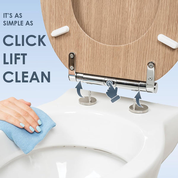 AQUALONA® Luxury Soft Close Toilet Seat - Moulded Wood - Stainless Steel Slow Close Hinges - Click, Lift & Clean Technology (Bamboo Toilet Seat)