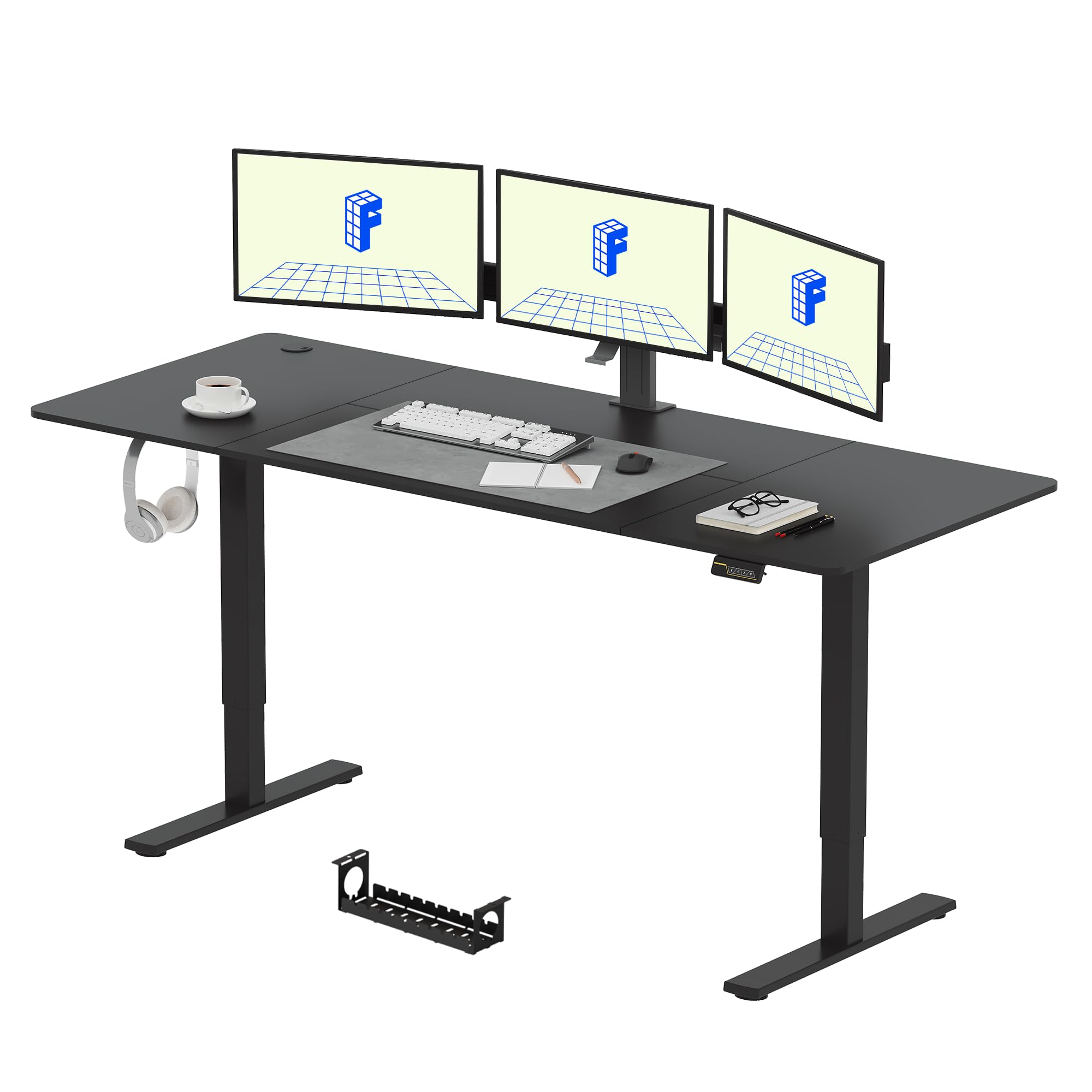 FLEXISPOT ONE PIECE Electric Standing Desk Height Adjustable Sit Stand Up Desk for Home Office with Memory Smart Pannel (100 * 60cm Black Frame+ Black Desktop)