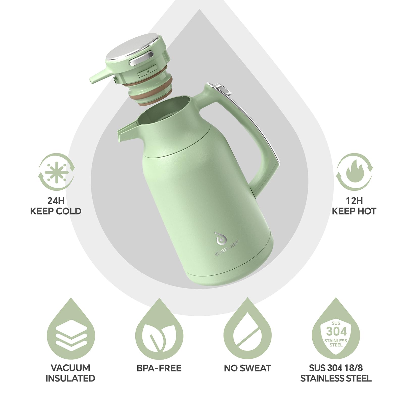 IDEUS Vacuum Insulated Coffee Carafe, 68 oz (2 Liters) Stainless Steel Milk Jug Thermal Tea Pot Hot & Cold Water Beverage Dispenser (Avocado Green)
