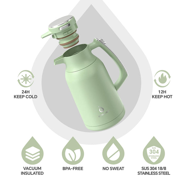 IDEUS Vacuum Insulated Coffee Carafe, 68 oz (2 Liters) Stainless Steel Milk Jug Thermal Tea Pot Hot & Cold Water Beverage Dispenser (Avocado Green)