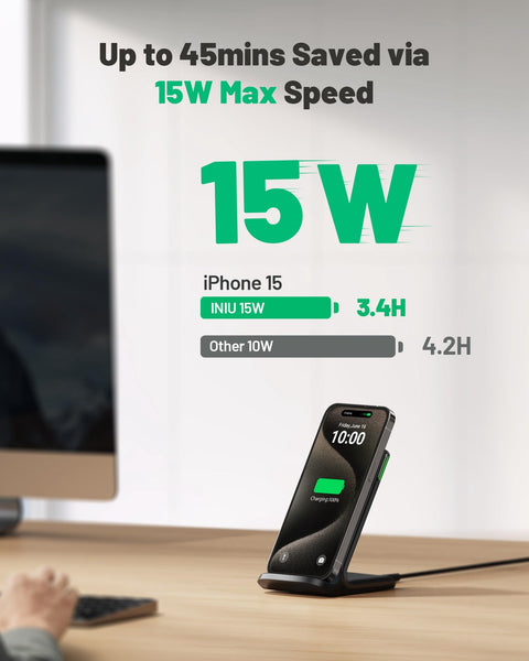 INIU Wireless Charger Stand, 15W Qi Fast Charging Dock Phone Charger, Adaptive LED Wireless Charging Station for iPhone 16 15 14 13 12 11 9 8 XR, Samsung S22 S21 S10 S9, LG V40 G8, Pixel 8 7 6 etc.