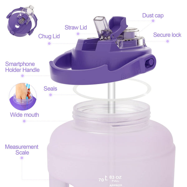 BuildLife Water Bottles with Straw & Flip Cap 2 in 1 Lid - Large Water Bottle with Time Markings BPA Free Leak Proof Wide Mouth Drinks Bottle,2.5 Litre Durable Sports Water Bottle (Black)