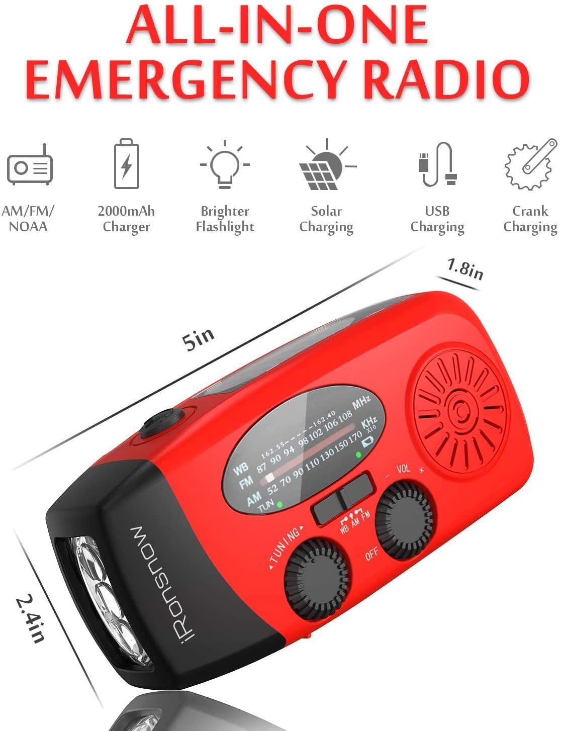 iRonsnow Solar Emergency Hand Crank Weather Radio, Portable Self Powered NOAA AM/FM Radios with SOS Alarm LED Flashlight 2000mAh Smart Phone USB Charger for Camping (Red)