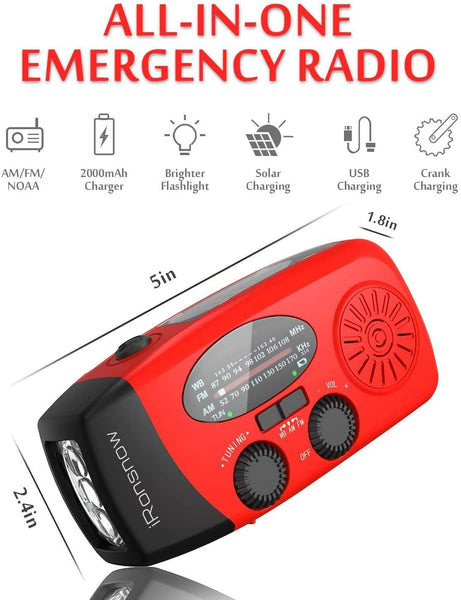 iRonsnow Solar Emergency Hand Crank Weather Radio, Portable Self Powered NOAA AM/FM Radios with SOS Alarm LED Flashlight 2000mAh Smart Phone USB Charger for Camping (Red)
