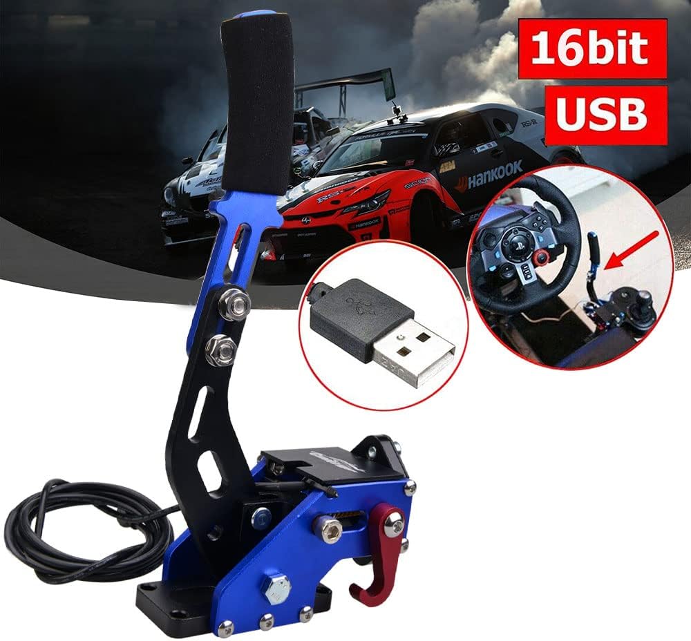 CNRAQR PC Racing Game USB Handbrake for 16Bit SIM for Racing Games, Compatible with Logitech G27 G29 G920 G923 T500 T300 Simulate Linear Handbrake Blue（With Fixing Clip and Plate