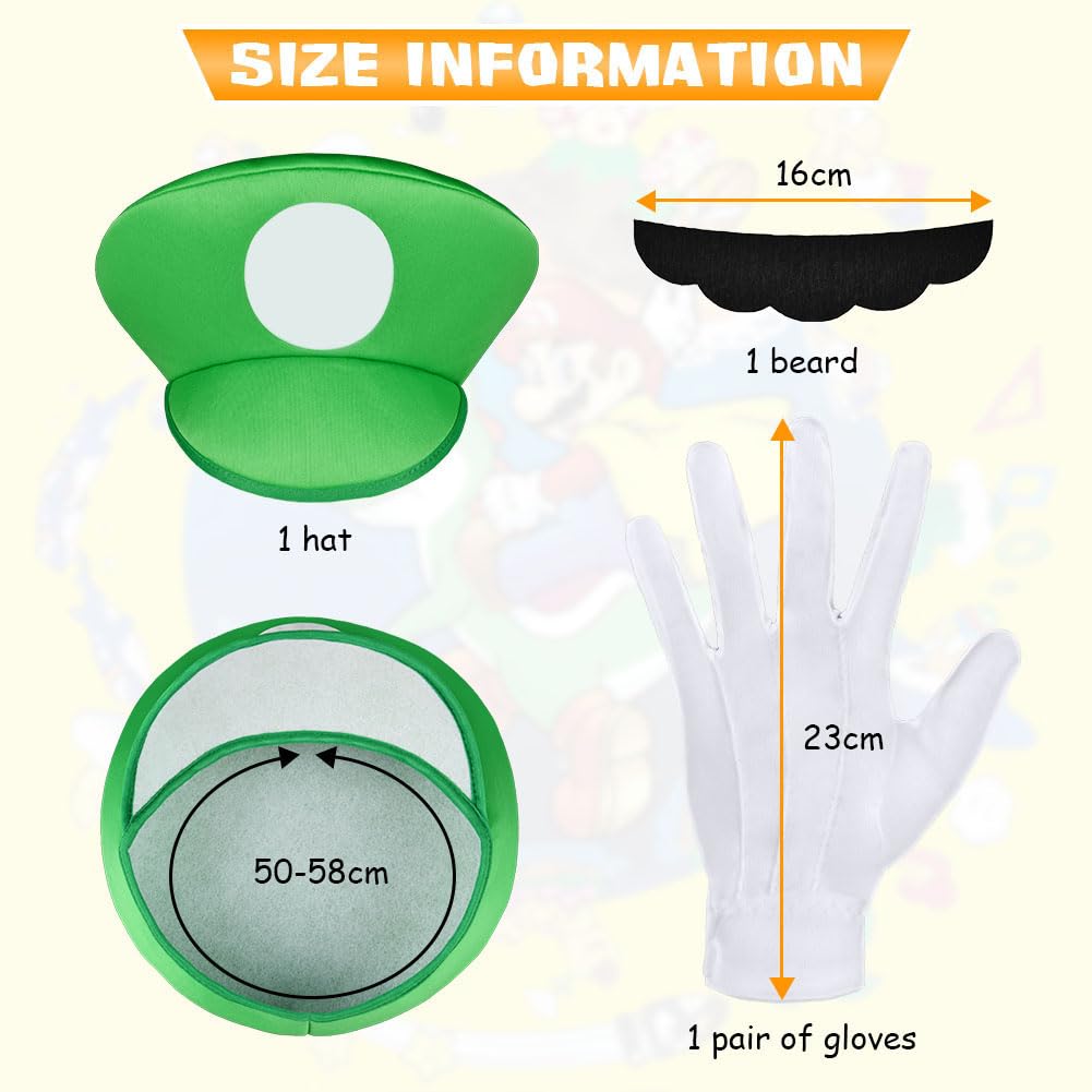 Aomig Mario Costumes, 4 Pack Mario Cosplay Costume Accessories Kits with Bodysuit, Luigi Hats Cap, Mustaches, White Gloves, Mario Luigi Bros Fancy Dress Outfit Costume for Women Men
