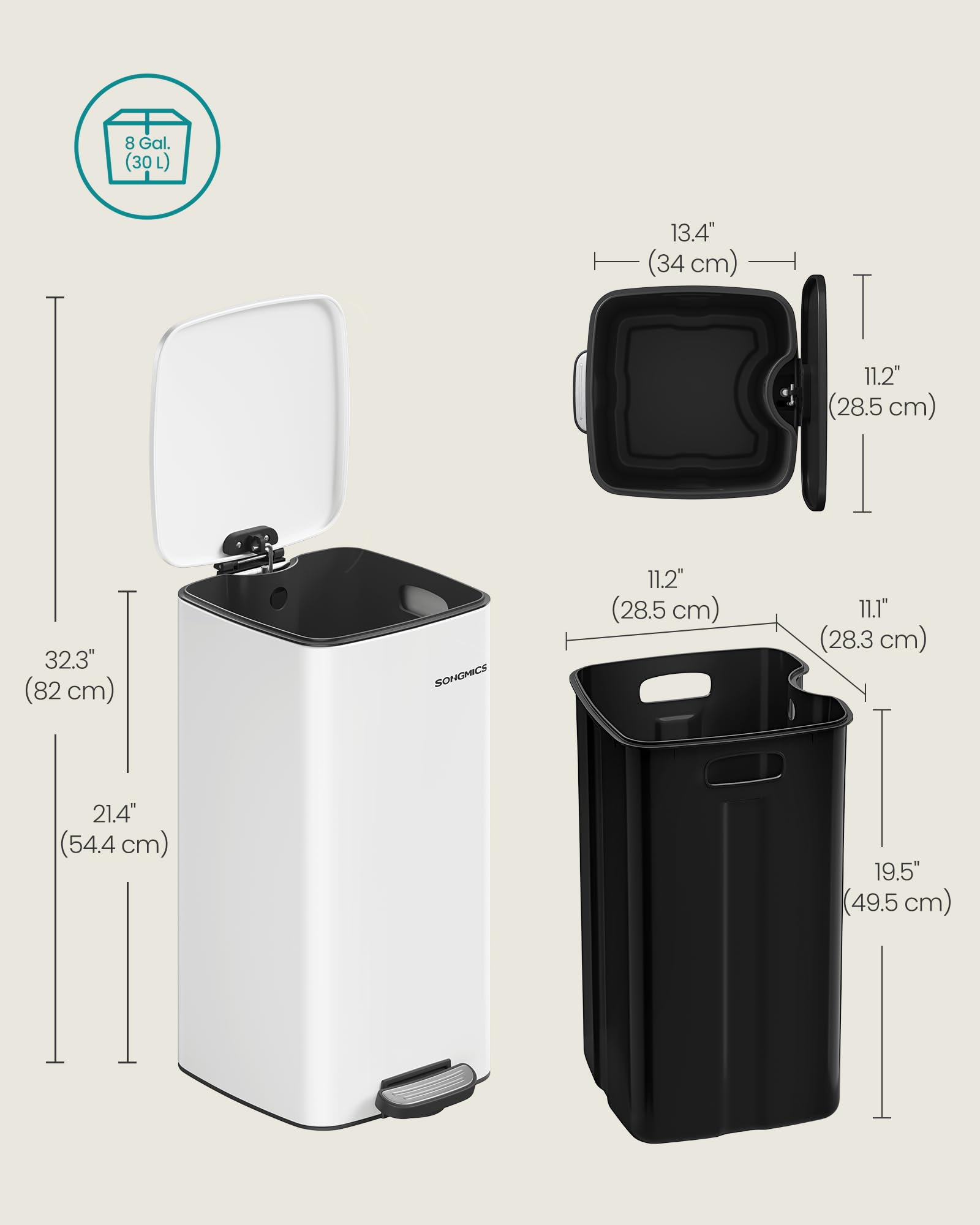 SONGMICS Kitchen Bin, 8-Gallon (30 L) Trash Bin, Steel Pedal Bin, with Inner Bucket, Soft Close and Stays Open, Metallic Silver LTB593E01