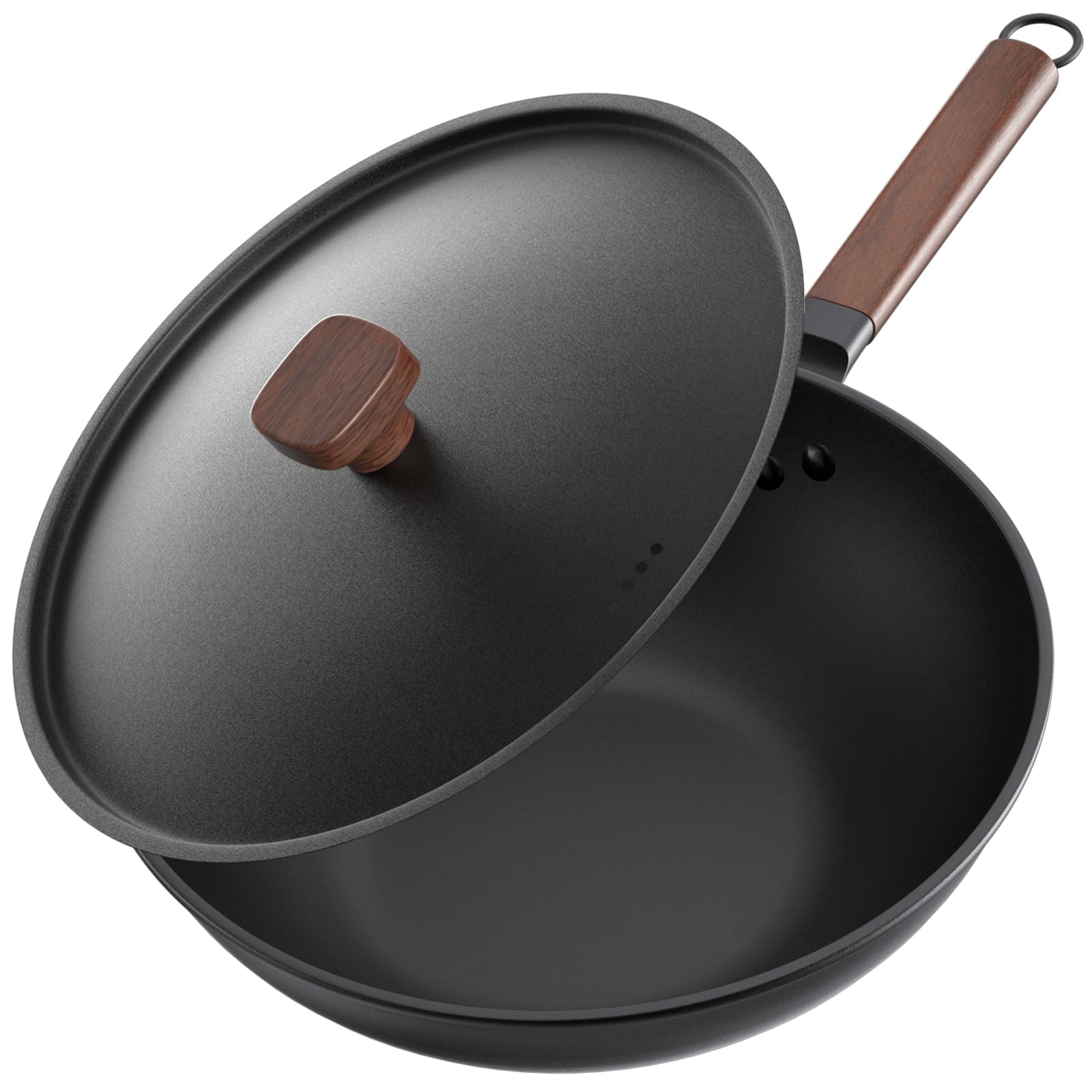 Jobin 33cm/5.6L Non Stick Wok with Lid of Iron Carbon Steel Frying Pan No Chemical Coated and Large Capacity for Cook Asian Dishes for 4-6 People,