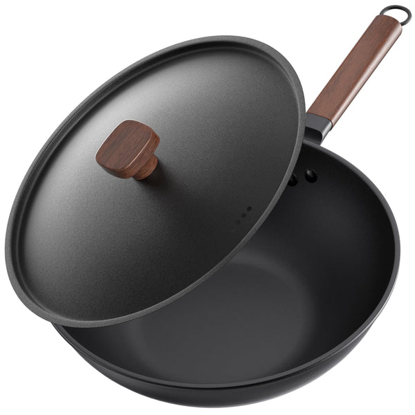 Jobin 33cm/5.6L Non Stick Wok with Lid of Iron Carbon Steel Frying Pan No Chemical Coated and Large Capacity for Cook Asian Dishes for 4-6 People,