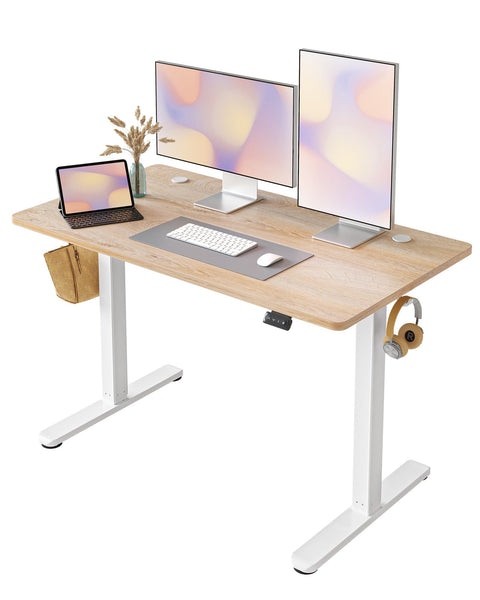 FEZIBO Height Adjustable Electric Standing Desk, 120 * 60 cm Stand up Table, Sit Stand Home Office Desk with Splice Board, White Frame/Maple Top