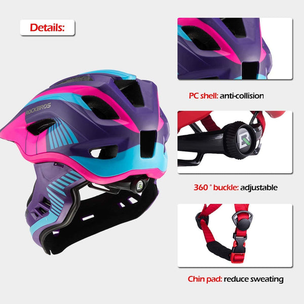 ROCKBROS Kids Full Face Bike Helmet Kids Helmet Toddler Bike Helmets Full Face Protective Safety Helmet for MTB Skateboarding Scooter Roller Skating