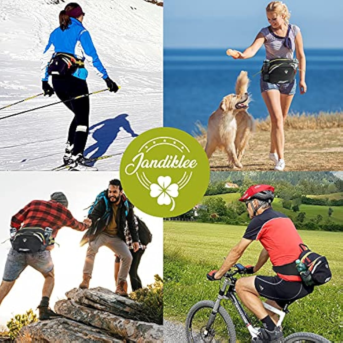 Jandiklee Large 9 Litre Waist Bag with Bottle Holder for Hiking, Cycling, Dog Training, Black Green Red, M