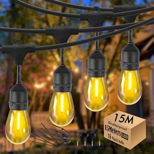 Festoon Lights Outdoor15M IP65, 2.6M Extension Cable Included,15+1 Shatterproof S14 Bulbs 2700K E27 Outside Lights for Pergola, Backyard, Linkable