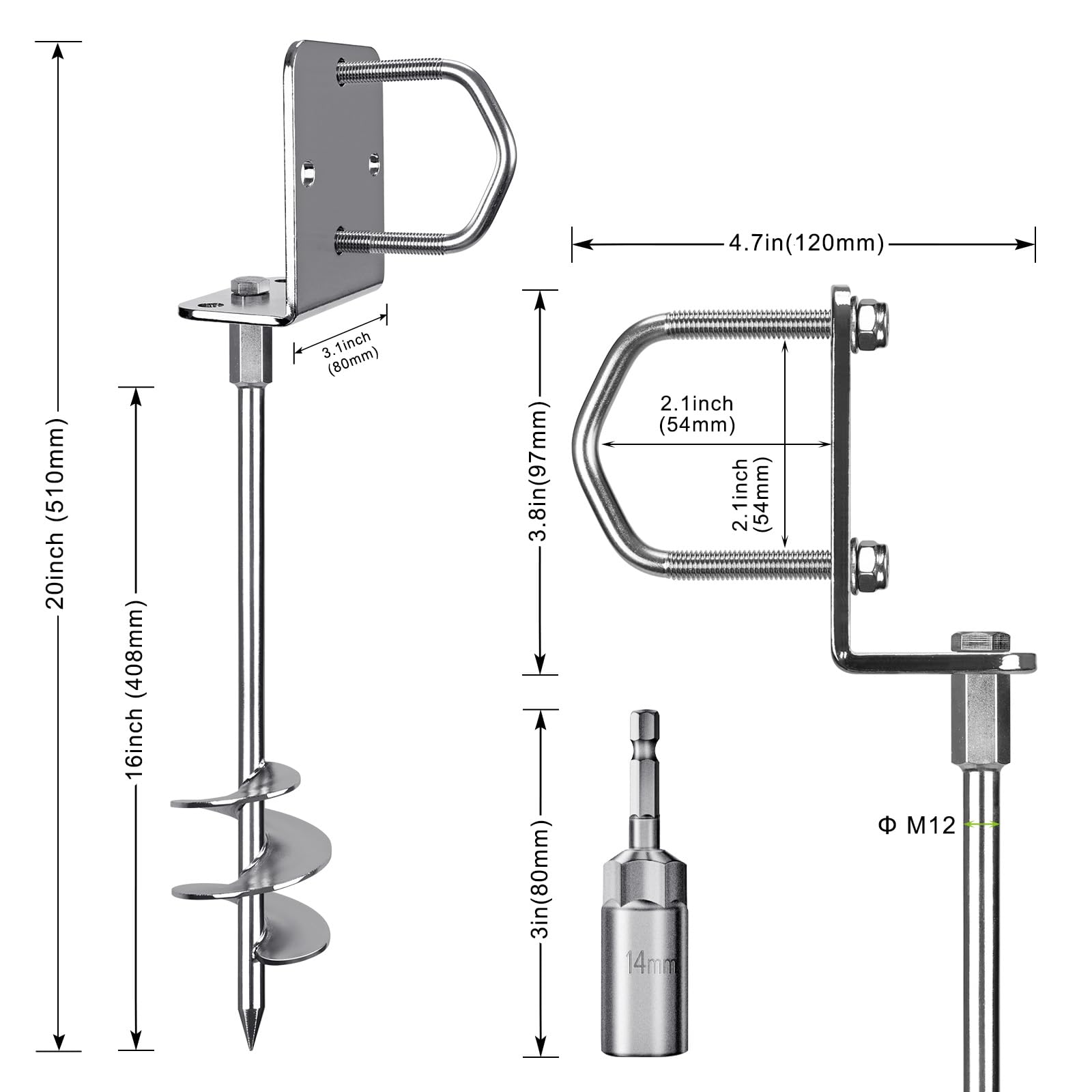 Insaga Tent Peg, 51cm Heavy Duty Ground Anchor Large Metal Earth Sand Stake Spiral Blade Screw in Trampolines Spike for Swing