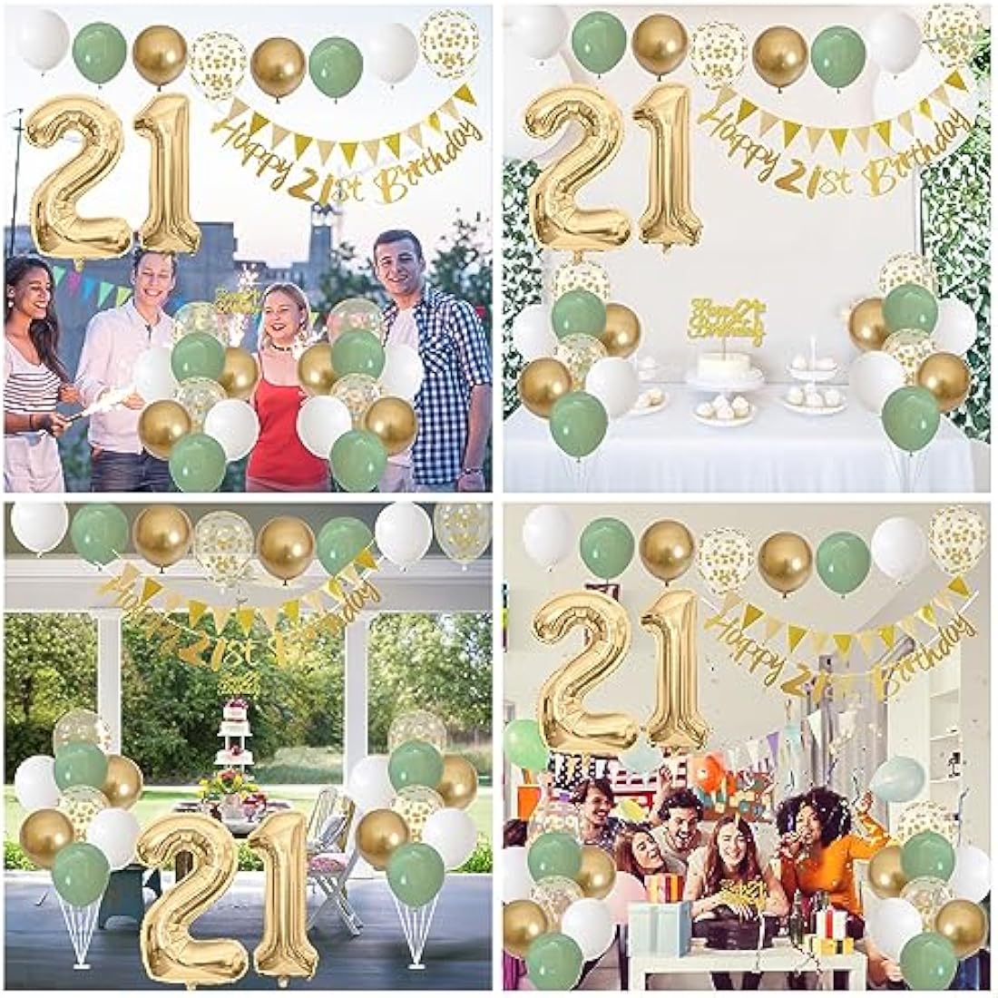 Jobkoo 21st Birthday Decorations Him Her, Happy 21st Birthday Banner w/ Birthday Cake Topper Number 21 Foil Balloon Sage Green White Gold Birthday Balloons Men Women 21 Year Old Party Decoration