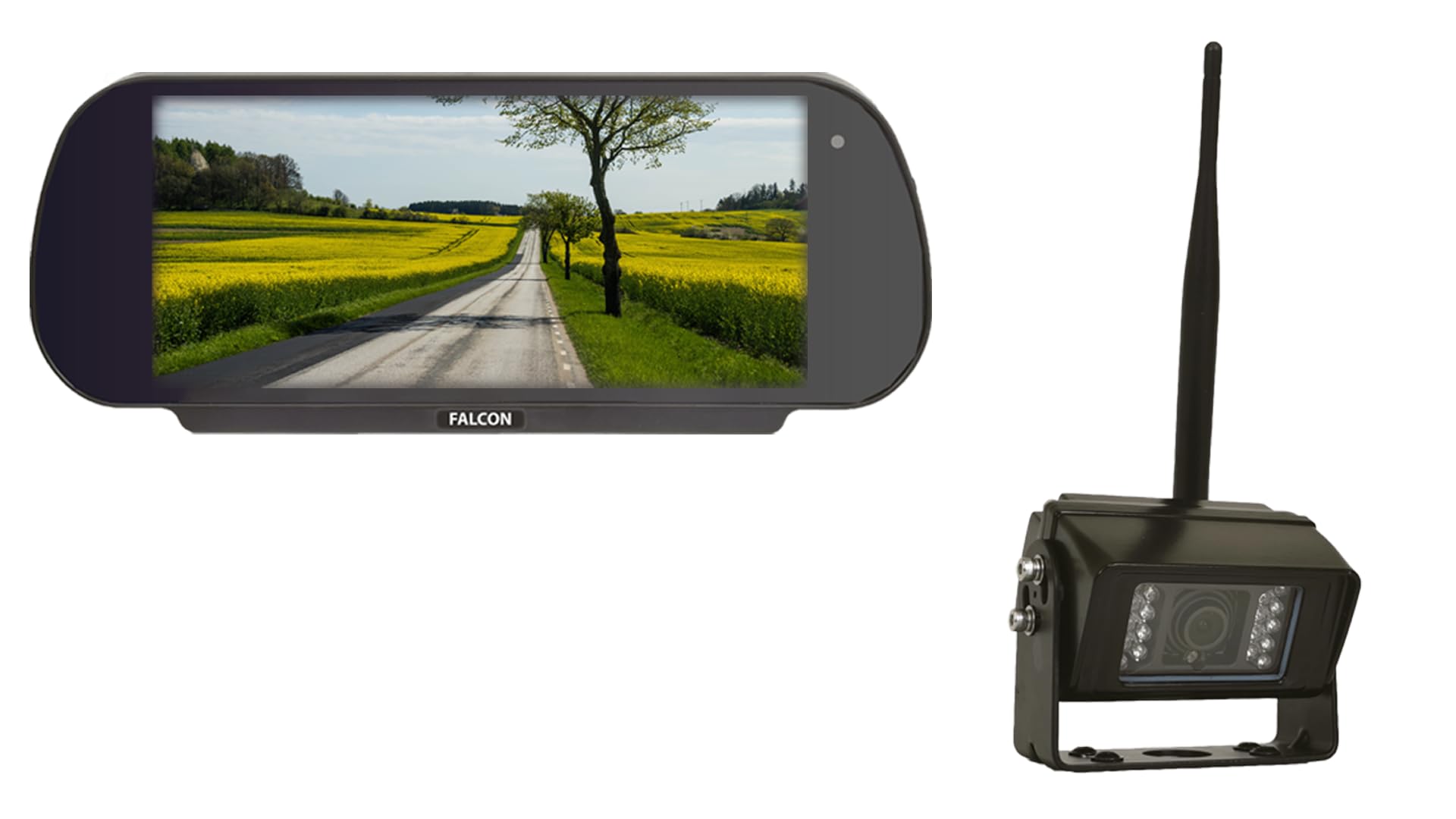 FALCON Wireless Rear View Camera & 7″ Mirror Monitor System - Self Fit Kit for Caravan, Motorhome and many more! (Black)
