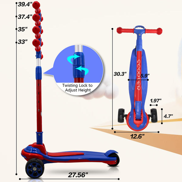 3 Wheels Kids Scooter for 5+ Years Old Boys Girls Teenager Foldable 4 Adjustable Handlebar from 32" - 40" Wide Flashing LED Wheels