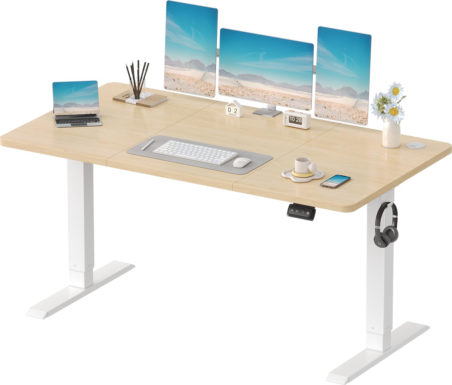 Devoko Electric Standing Desk 120x60cm Sit Stand Table Height Adjustable with Backpack Hook and Memory Smart Pannel, Home Office, White