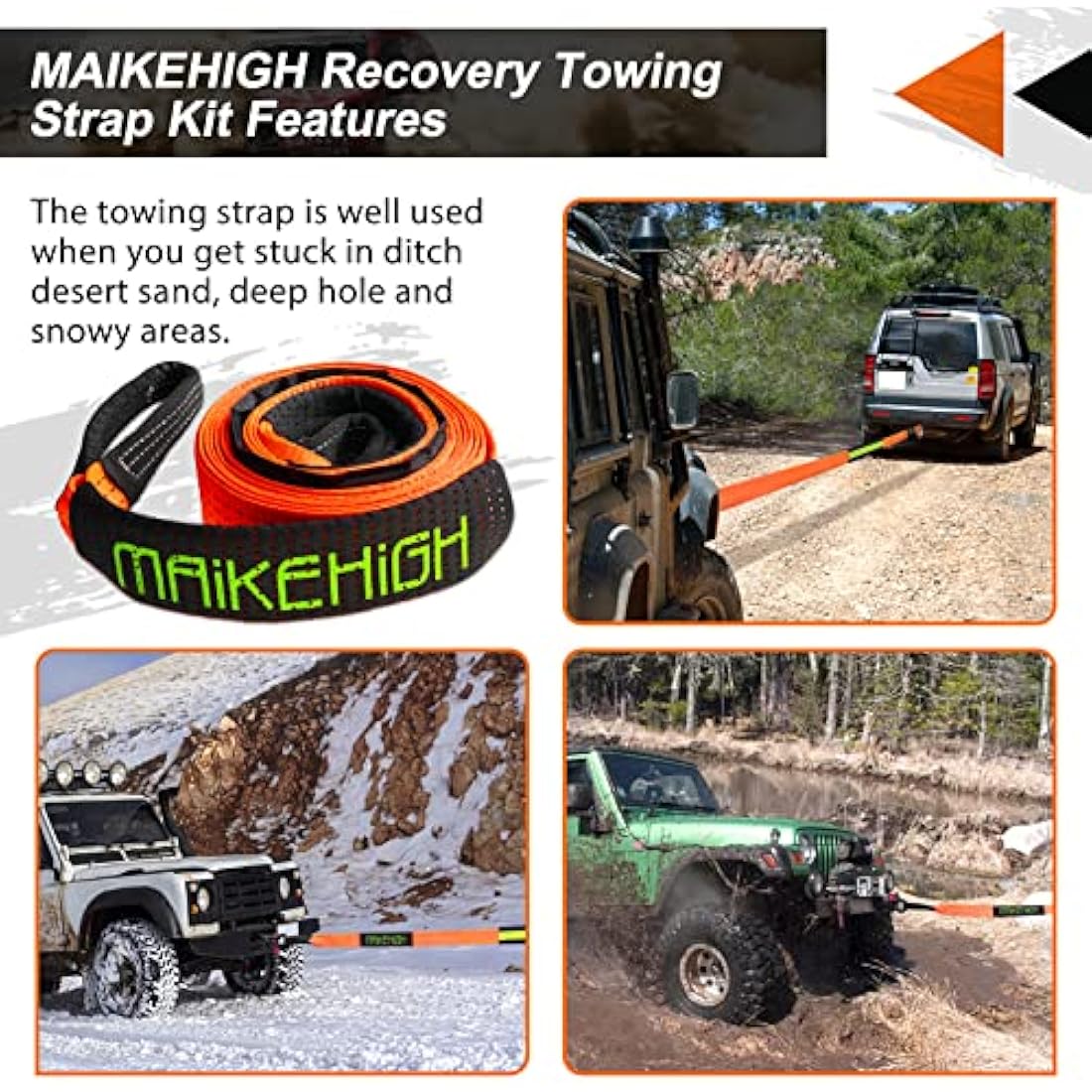 MAIKEHIGH Tow Rope 5M x 5cm,10 Ton (22,000 Lbs) Off-Road Recovery Tow Strap with 2 Anti-Proof Gloves, 2 Reinforced Shackles