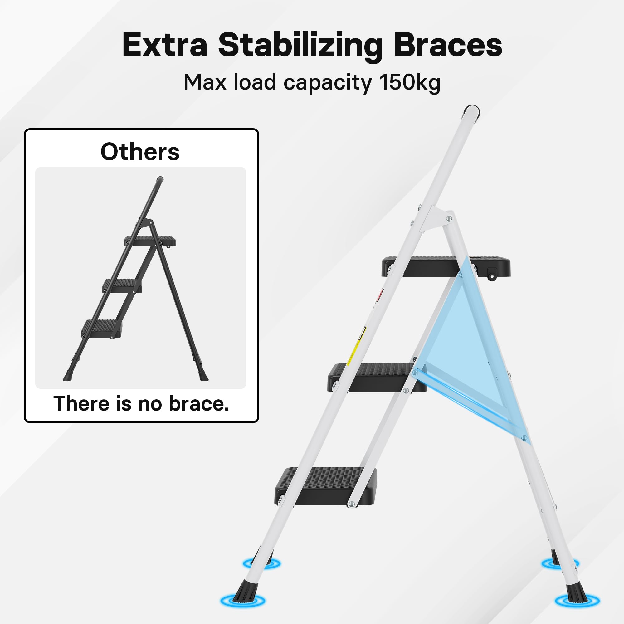 BONTEC 4 Step Ladder Folding, Heavy Duty Foldable Step Stool with Wide Anti-Slip Pedals, Sponge Handrail and Tool Tray, Portable Household Ladder 150kg Capacity, Compact Collapsible Indoor Ladder