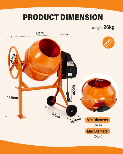 DKIEI 63L Electric Cement Mixer, 220W Concrete Mixer with Wheels and Stand, Portable Mud Mixer Machine for Cement, Stucco, Seeds and Fodder, 230V, 50Hz, 30RPM, Orange