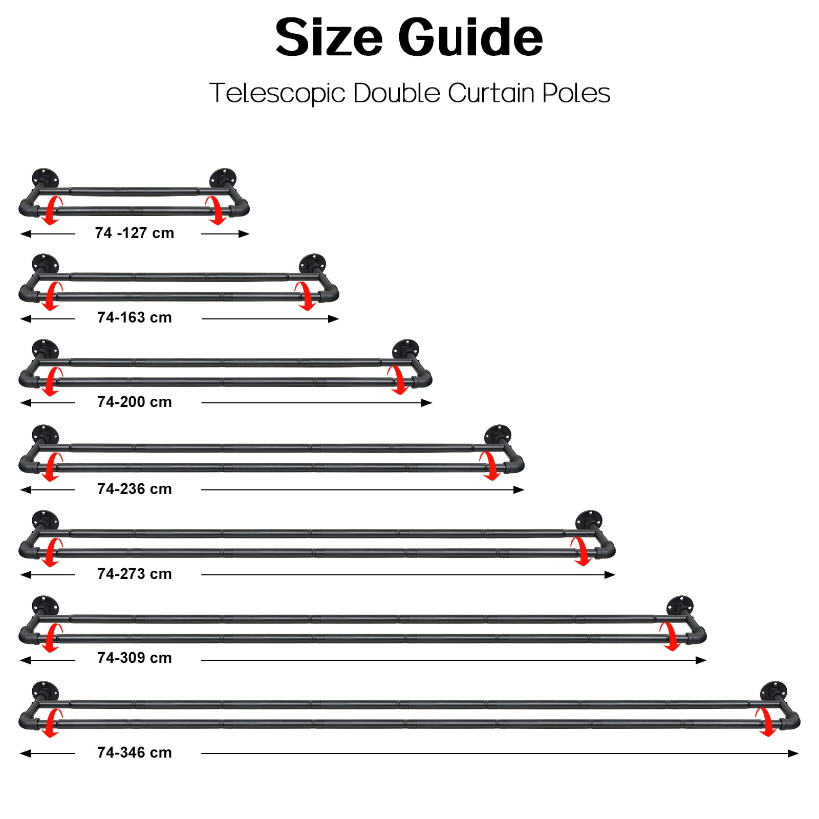 Harrms Industrial Double Curtain Pole, Curtain Poles for Eyelet Curtains, Matt Black, 74-309cm, Extendable Metal Curtain Rod Blackout Room Darkening