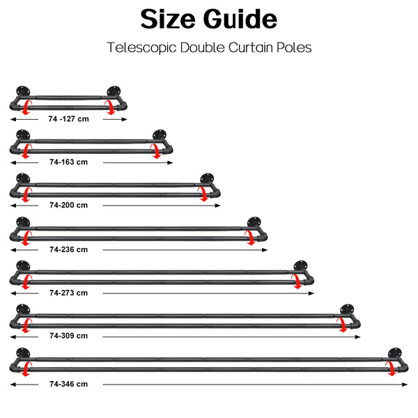 Harrms Industrial Double Curtain Pole, Curtain Poles for Eyelet Curtains, Matt Black, 74-236cm, Extendable Metal Curtain Rod Blackout Room Darkening