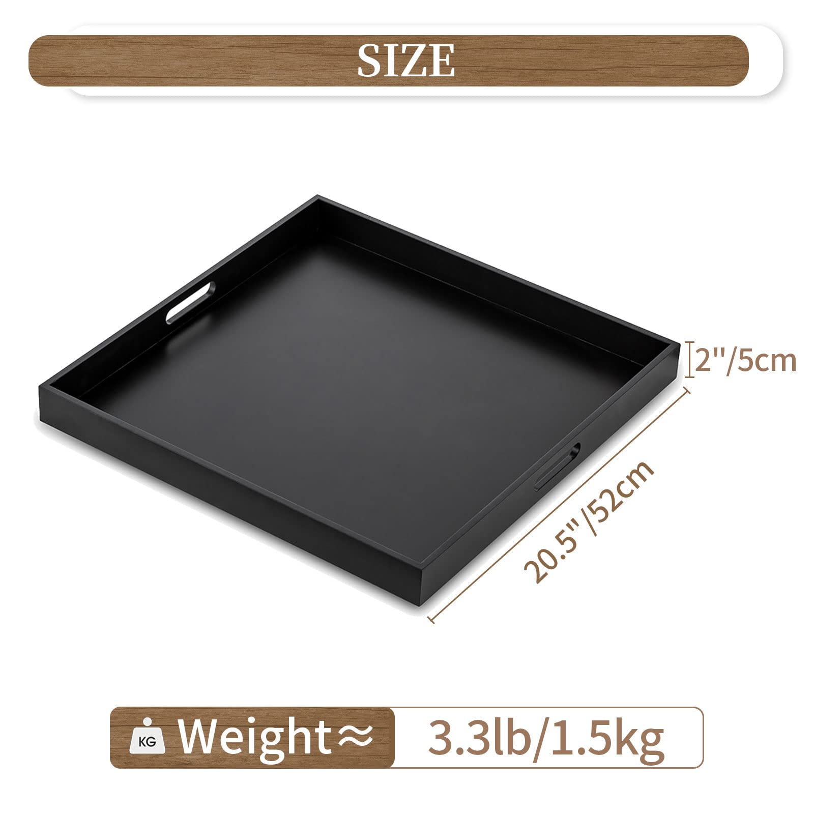 Hanobe Square Large Ottoman Tray: Modern Extra Large Black Serving Decorative Trays with Cutout Handles for Living Room Coffee Table Home, 20"