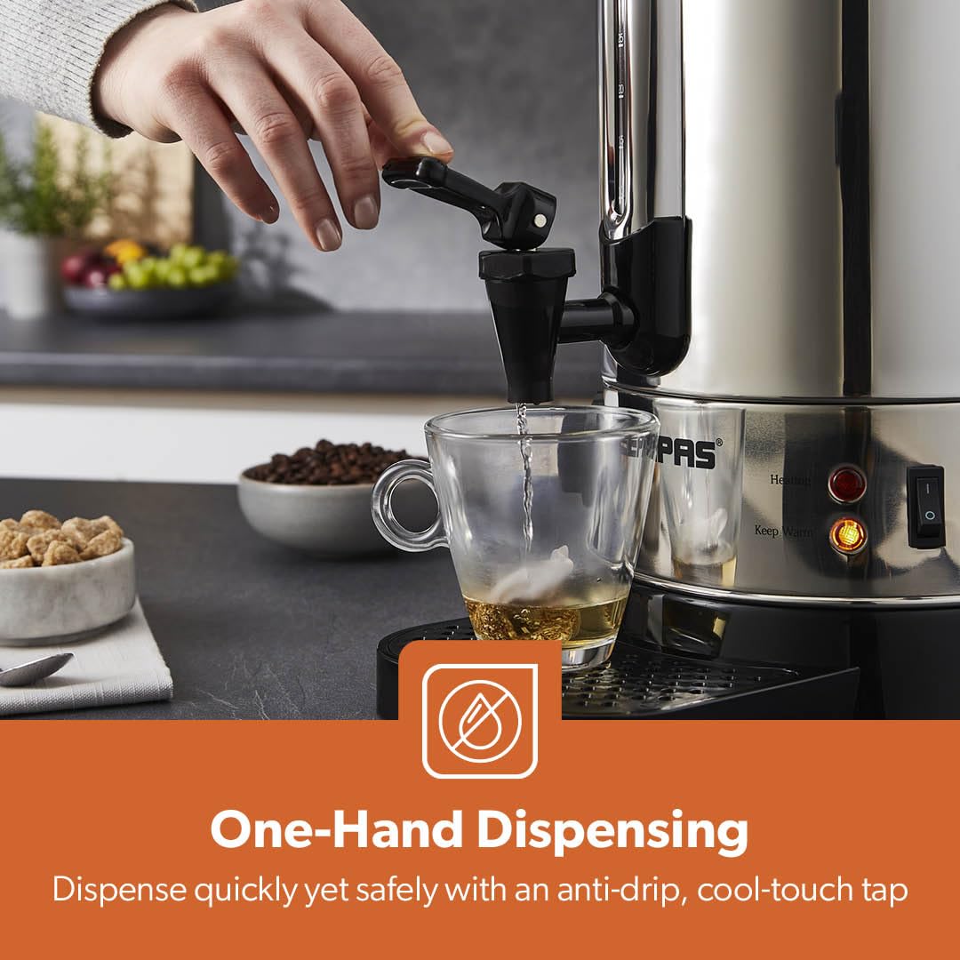 Geepas Electric Catering Urn, 1650W Instant Hot Water Boiler Dispenser - Tea Urn Kettle Home Brewing Commercial Office Use with Keep Warm - Easy Pour Tap, 15 Litre, Stainless Steel – 2 Year Warranty