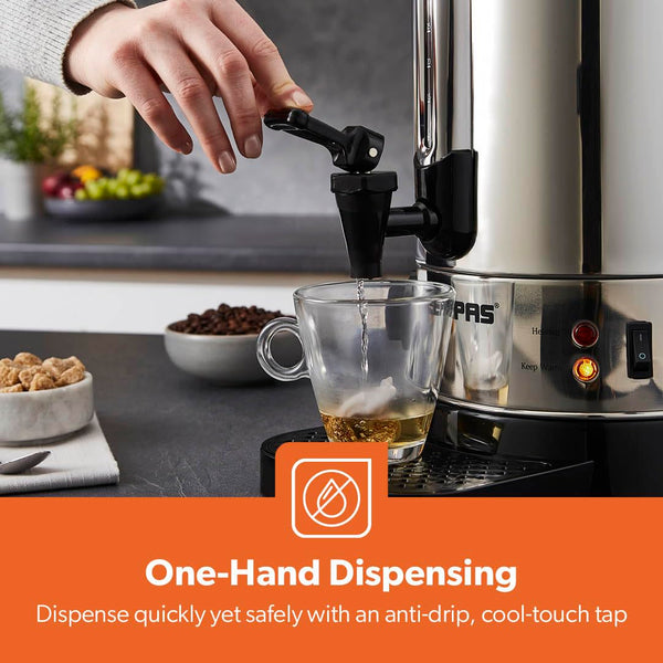Geepas Electric Catering Urn, 1650W Instant Hot Water Boiler Dispenser - Tea Urn Kettle Home Brewing Commercial Office Use with Keep Warm - Easy Pour Tap, 15 Litre, Stainless Steel – 2 Year Warranty