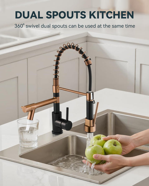 Warmiehomy 5 Modes Kitchen Taps Mixer with Pull Out Spray,High Arc 360° Swivel Dual Spout Pull Down Stainless Steel Kitchen Sink Taps,Brushed Nickel
