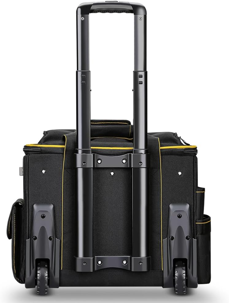 WINNHUNT 46cm Wide Mouth Rolling Tool Bag, 32 Pocket Tool Trolley Bag with Telescopic Handle and 2 Wheels, Black