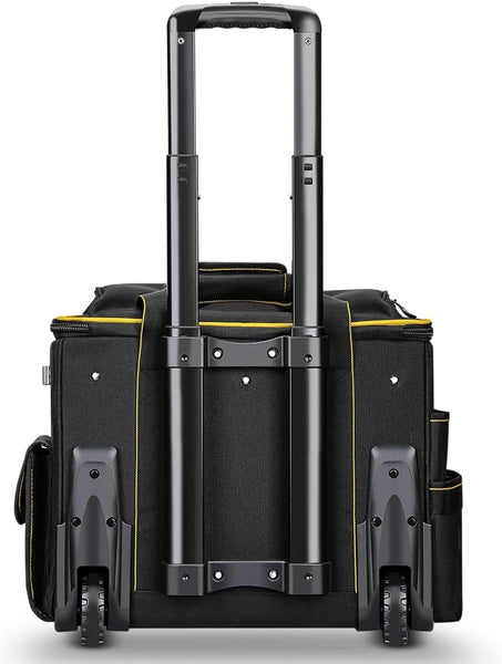 WINNHUNT 46cm Wide Mouth Rolling Tool Bag, 32 Pocket Tool Trolley Bag with Telescopic Handle and 2 Wheels, Black